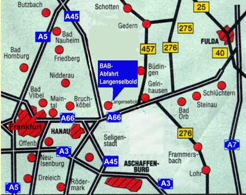 Sie fahren
      von den Autobahnen A 45 / A 66 
      kommend Abfahrt Langenselbold Stadt. In Langenselbold an der ersten groen (Richtung Rothenbergen). Dann 2. Strasse wieder nach rechts (Auf der Sieb).